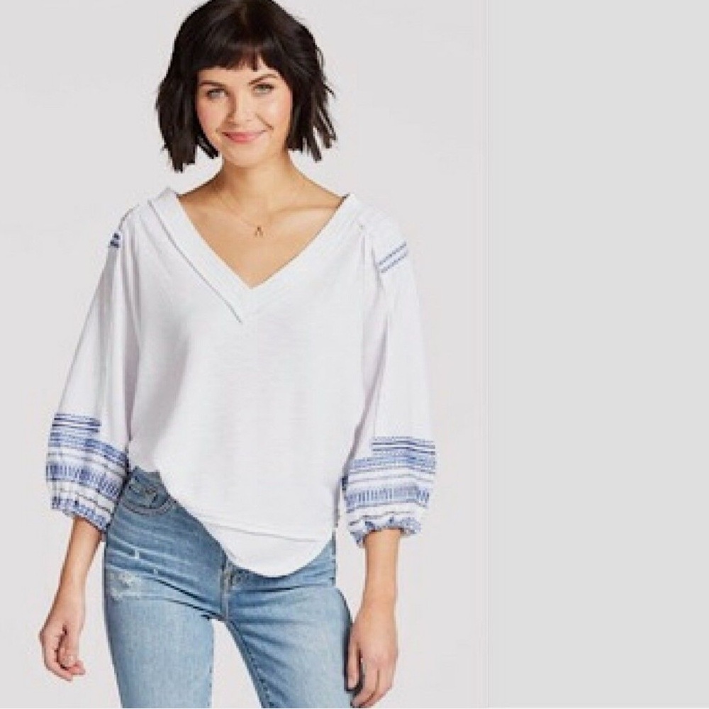 We The Free Waffle Knit Embroidered 3/4 Bubble Sleeve Top Women’s Size Small